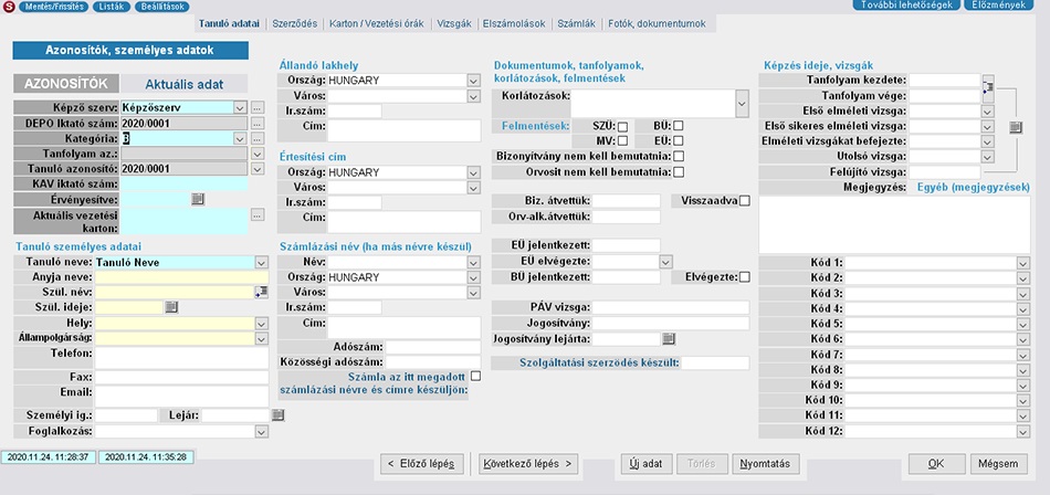 Tanuló nyilvántartás űrlap, azonosítás oldal