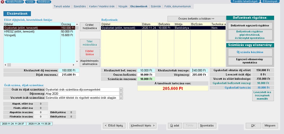 Tanuló nyilvántartás űrlap, elszámolások oldal